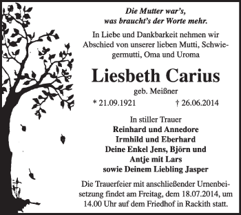 Traueranzeige von Liesbeth Carius von Super Sonntag Wittenberg
