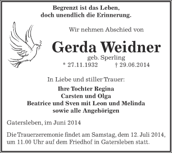 Traueranzeige von Gerda Weidner von Super Sonntag Aschersleben