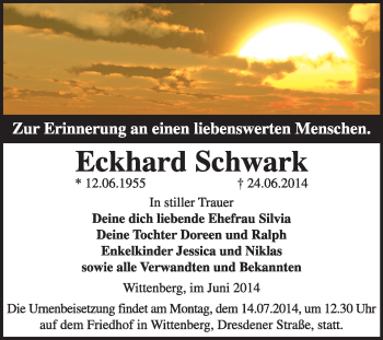 Traueranzeige von Eckhard Schwark von Super Sonntag Wittenberg