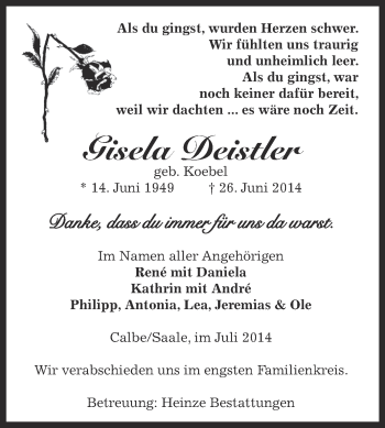 Traueranzeige von Gisela Deistler von Super Sonntag Bernburg