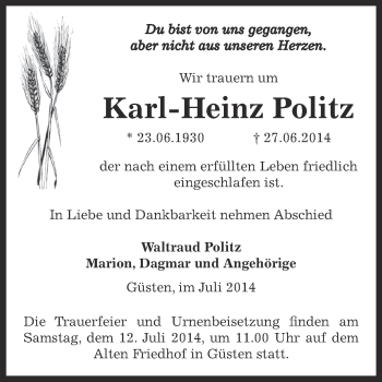 Traueranzeige von Karl-Heinz Politz von Super Sonntag Bernburg