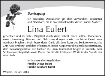 Traueranzeige von Lina Eulert von Super Sonntag Wittenberg