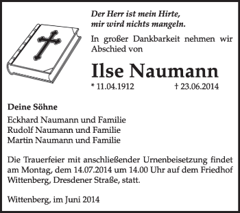 Traueranzeige von Ilse Naumann von Super Sonntag Wittenberg