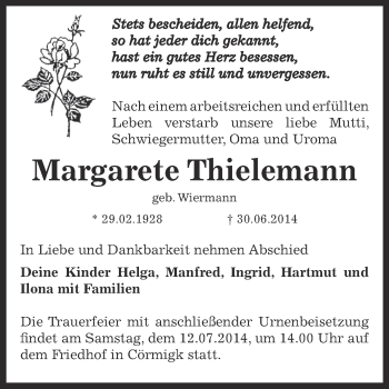 Traueranzeige von Margarete Thielemann von Super Sonntag Bernburg