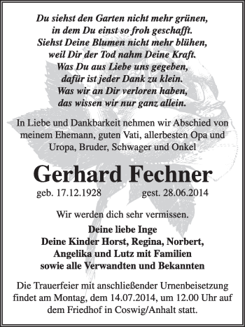 Traueranzeige von Gerhard Fechner von Super Sonntag Wittenberg