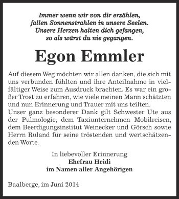 Traueranzeige von Egon Emmler von Super Sonntag Bernburg