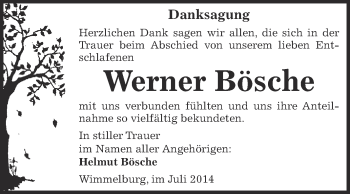 Traueranzeige von Werner Bösche von Super Sonntag SGH Mansf. Land