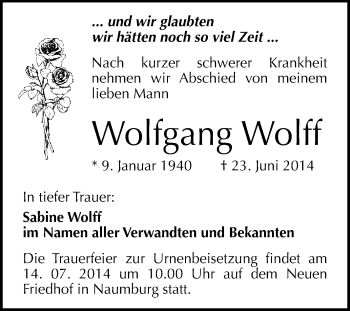 Traueranzeige von Wolfgang Wolff von WVG - Wochenspiegel NMB / WSF / ZTZ