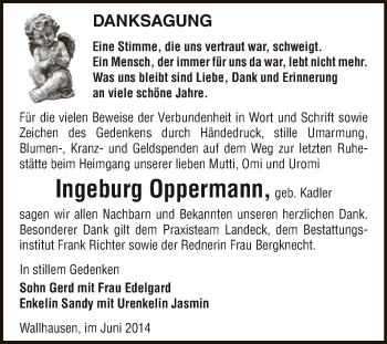 Traueranzeige von Ingeburg Oppermann von Super Sonntag SGH Mansf. Land