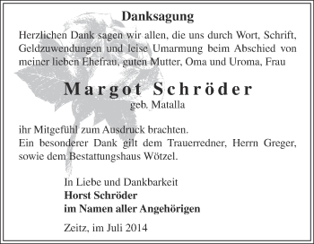 Traueranzeige von Margot Schröder von Super Sonntag Zeitz