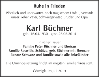 Traueranzeige von Karl Büchner von Super Sonntag Bernburg