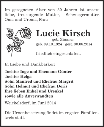 Traueranzeige von Lucie Kirsch von Super Sonntag Zeitz