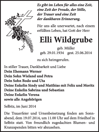 Traueranzeige von Elli Wildgrube von WVG - Wochenspiegel Wittenberg