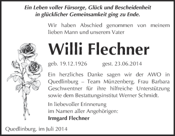 Traueranzeige von Willi Flechner von WVG - Wochenspiegel Quedlinburg