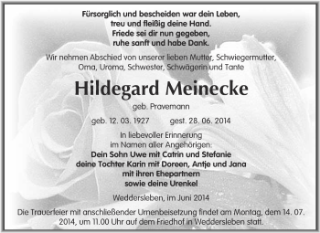 Traueranzeige von Hildegard Meinecke von Super Sonntag Quedlinburg