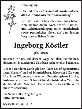 Traueranzeige von Ingeborg Köstler von Super Sonntag Wittenberg