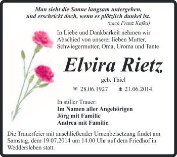 Traueranzeige von Elvira Rietz von Super Sonntag Quedlinburg