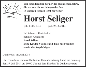 Traueranzeige von Horst Seliger von Super Sonntag Quedlinburg