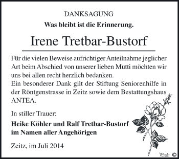 Traueranzeige von Irene Tretbar-Bustorf von Super Sonntag Zeitz