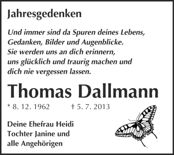 Traueranzeige von Thomas Dallmann von WVG - Wochenspiegel NMB / WSF / ZTZ