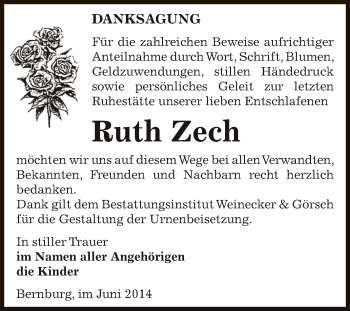 Traueranzeige von Ruth Zech von Super Sonntag Bernburg