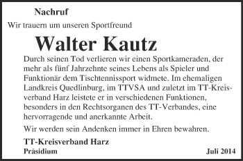 Traueranzeige von Walter Kautz von Super Sonntag Quedlinburg