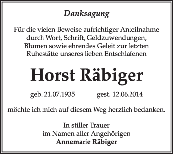 Traueranzeige von Horst Räbiger von Super Sonntag Dessau / Köthen