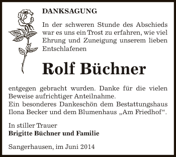 Traueranzeige von Rolf Büchner von Super Sonntag SGH Mansf. Land