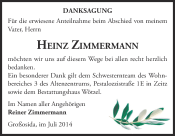 Traueranzeige von Heinz Zimmermann von Super Sonntag Zeitz