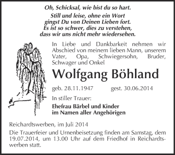 Traueranzeige von Wolfgang Böhland von WVG - Wochenspiegel Merseburg