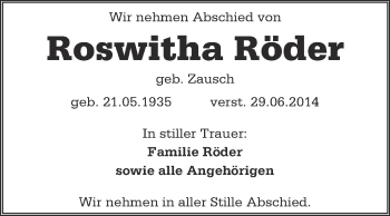 Traueranzeige von Roswitha Röder von WVG - Wochenspiegel NMB / WSF / ZTZ