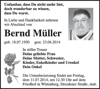 Traueranzeige von Bernd Müller von Super Sonntag Wittenberg