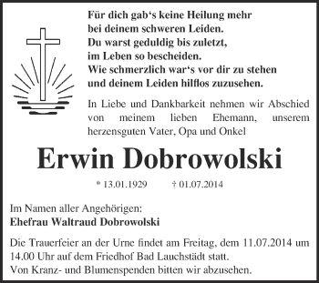 Traueranzeige von Erwin Dobrowolski von Super Sonntag Merseburg