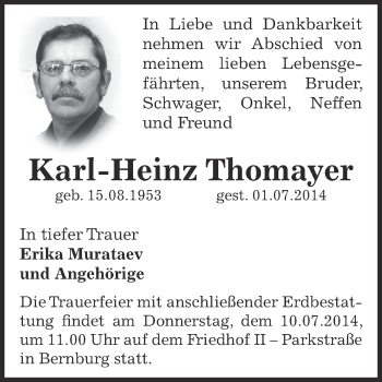 Traueranzeige von Karl-Heinz Thomayer von Super Sonntag Bernburg