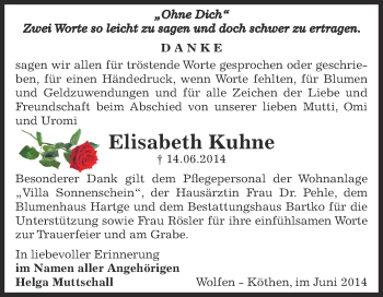 Traueranzeige von Elisabeth Kuhne von WVG - Wochenspiegel Dessau / Köthen