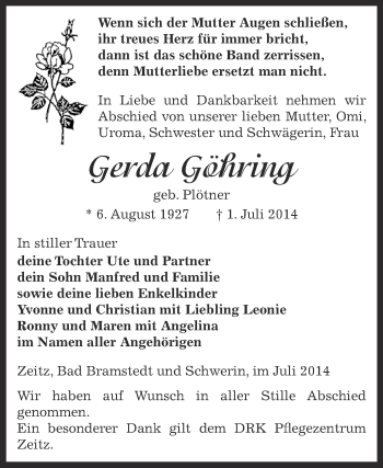 Traueranzeige von Gerda Göhring von Super Sonntag Zeitz