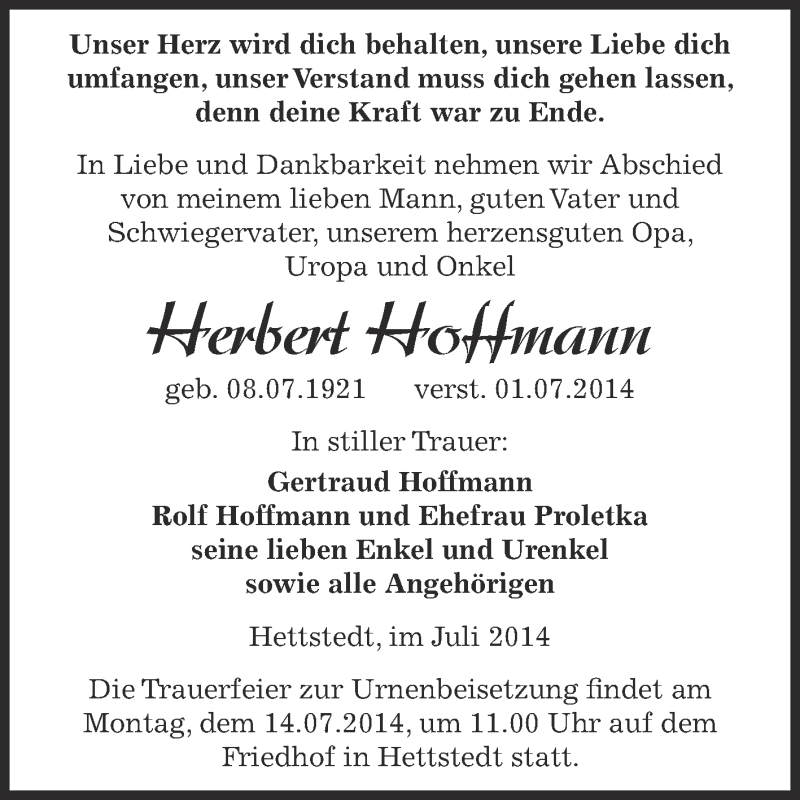  Traueranzeige für Herbert Hoffmann vom 06.07.2014 aus Super Sonntag SGH Mansf. Land