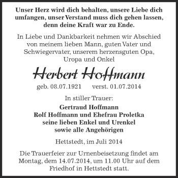 Traueranzeige von Herbert Hoffmann von Super Sonntag SGH Mansf. Land