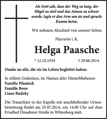 Traueranzeige von Helga Paasche von Super Sonntag Wittenberg