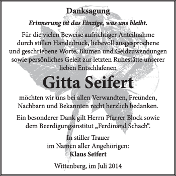 Traueranzeige von Gitta Seifert von Super Sonntag Wittenberg