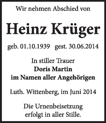 Traueranzeige von Heinz Krüger von Super Sonntag Wittenberg