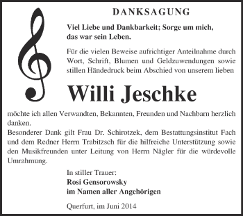 Traueranzeige von Willi Jeschke von Super Sonntag Merseburg