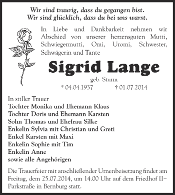 Traueranzeige von Sigrid Lange von Super Sonntag Bernburg