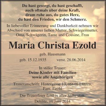 Traueranzeige von Maria Christa Ezold von WVG - Wochenspiegel NMB / WSF / ZTZ
