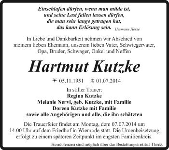 Traueranzeige von Hartmut Kutzke von Super Sonntag Quedlinburg