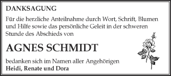 Traueranzeige von Agnes Schmidt von Super Sonntag SGH Mansf. Land