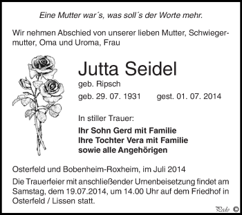 Traueranzeige von Jutta Seidel von Super Sonntag Zeitz