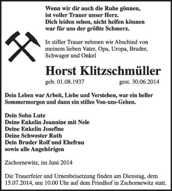 Traueranzeige von Horst Klitzschmüller von Super Sonntag Wittenberg