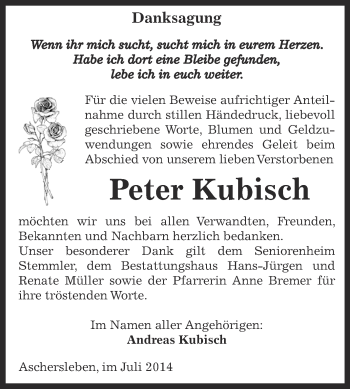 Traueranzeige von Peter Kubisch von Super Sonntag Aschersleben