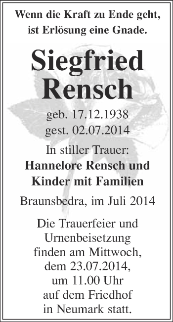Traueranzeige von Siegfried Rensch von WVG - Wochenspiegel Merseburg